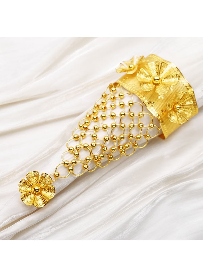 Two piece alloy 24K gold plated hollow flower bracelet ring Dubai women's bridal wedding jewelry - Image 4