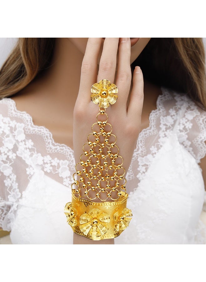Two piece alloy 24K gold plated hollow flower bracelet ring Dubai women's bridal wedding jewelry - Image 1