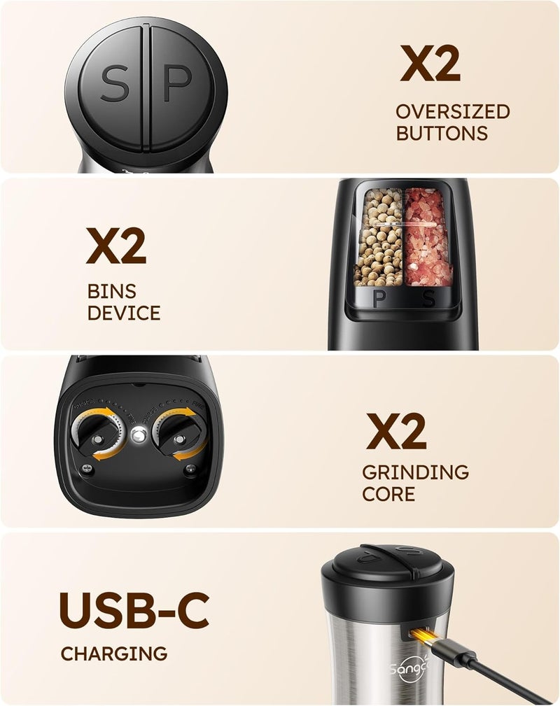sangcon Electric Salt and Pepper Grinder Set Shakers 2 IN 1 - USB RECHARGEABLE Salt and Pepper Mill Set All in One, Automatic Refillable Adjustable Coarseness Ceramic Grinder with Light - Image 4
