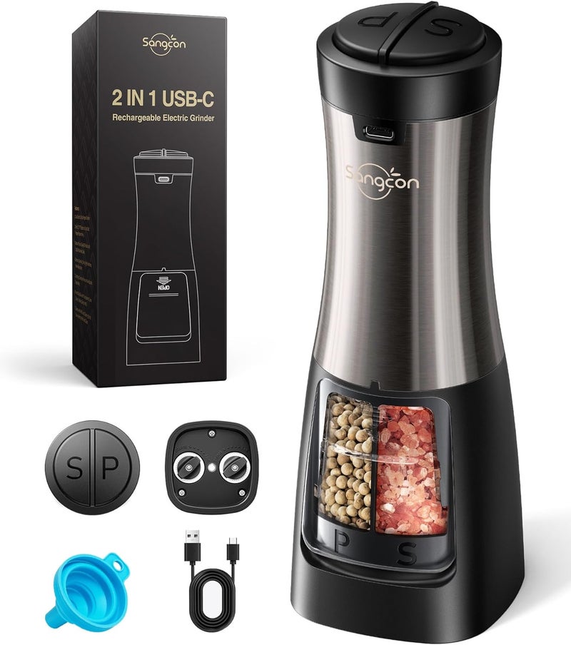sangcon Electric Salt and Pepper Grinder Set Shakers 2 IN 1 - USB RECHARGEABLE Salt and Pepper Mill Set All in One, Automatic Refillable Adjustable Coarseness Ceramic Grinder with Light - Image 1