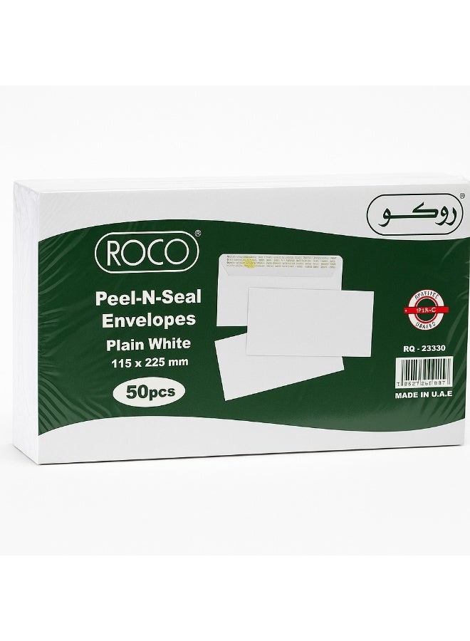 روكو ظروف بريدية من روكو بتقنية الغلق اللاصق – لون أبيض ناعم 115 × 225 مم | عبوة من 50 ظرفًا | لاصق قوي للاستخدام المكتبي والمدرسي | الموديل RQ-23230 - Image 1