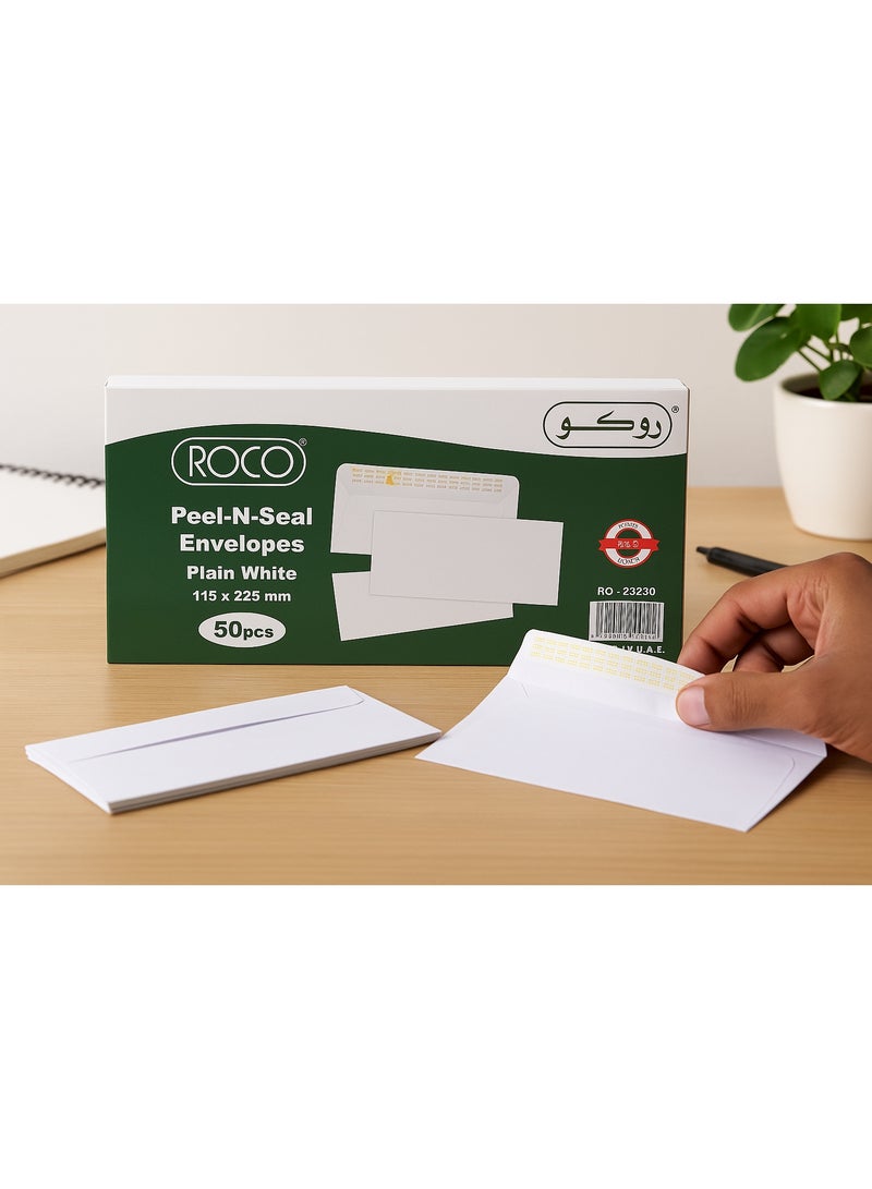 روكو ظروف بريدية من روكو بتقنية الغلق اللاصق – لون أبيض ناعم 115 × 225 مم | عبوة من 50 ظرفًا | لاصق قوي للاستخدام المكتبي والمدرسي | الموديل RQ-23230 - Image 4