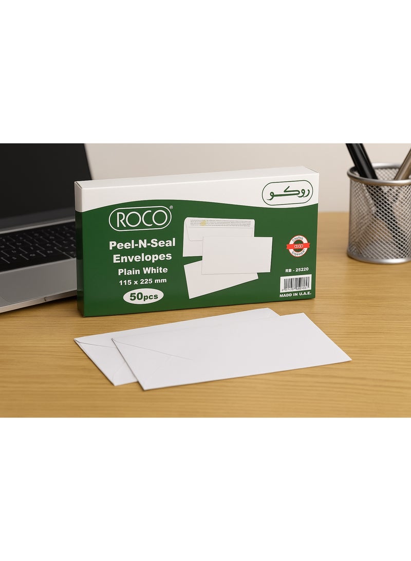 روكو ظروف بريدية من روكو بتقنية الغلق اللاصق – لون أبيض ناعم 115 × 225 مم | عبوة من 50 ظرفًا | لاصق قوي للاستخدام المكتبي والمدرسي | الموديل RQ-23230 - Image 5
