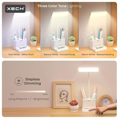 Xech Rechargeable Study Lamp with Pen Holder | Table Lamp for Study Room & Desk | 3 Color Dimmable LED Reading Light for Students | Gifts for Boys Girls and Kids (Desky Lite) - Image 3