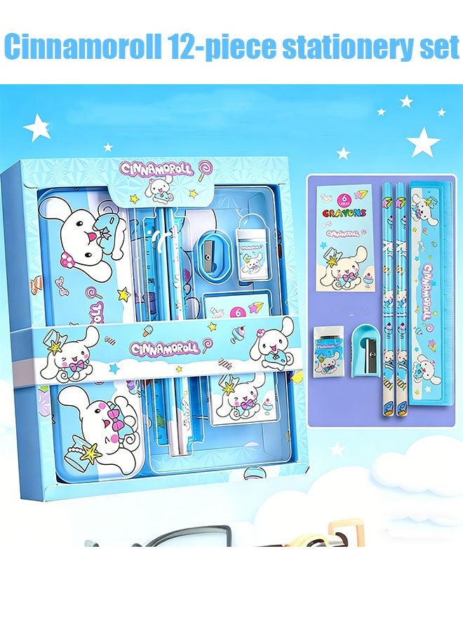 12-piece student stationery set, school supplies gift box set, suitable for elementary school students, including pencils, erasers, pencil sharpeners, etc., back-to-school season birthday gift (Cinnamoroll)