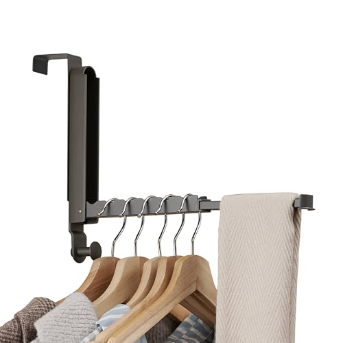 RFOUO Over The Door Hooks Hanger Fit Door up to 1 34 Optimal 1pcOver The Door Hanger with Retractable RodFoldable Over The Door Drying Rack for Laundry Bathroom Bedroom Space Grey 1 Pack - Image 1