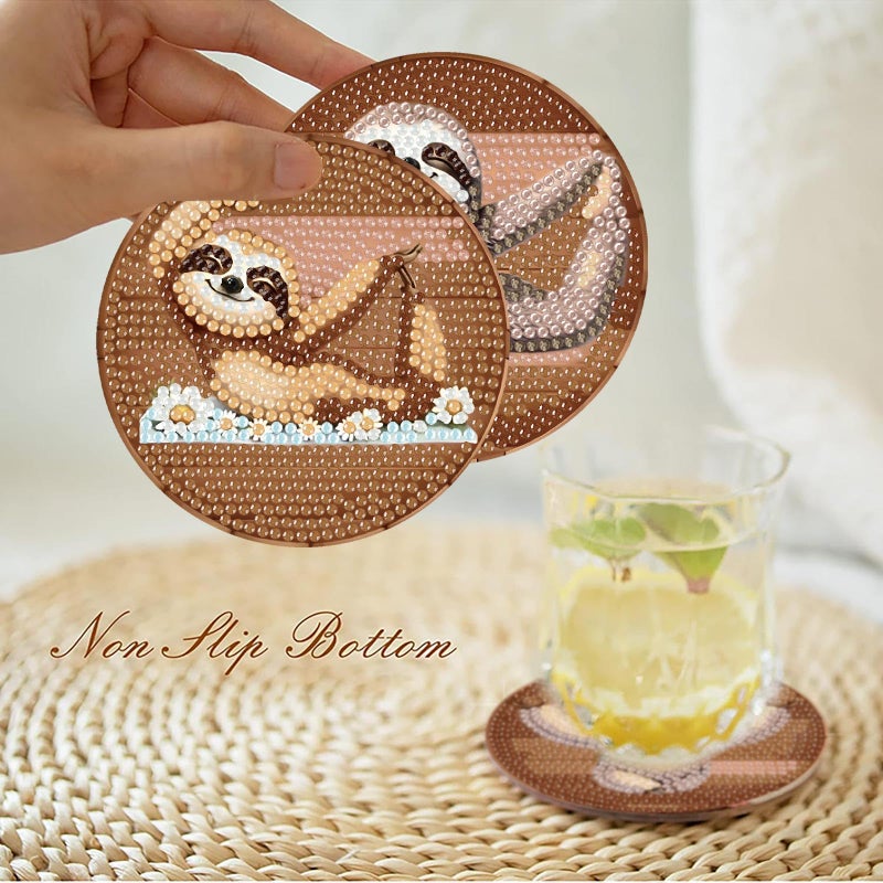 cupmod Sloth Diamond Painting Kits Coaster with Holder,8 Pieces Sloth Diamond Art Coasters with Holder, DIY Animal Diamond Coasters for Beginners - Image 3