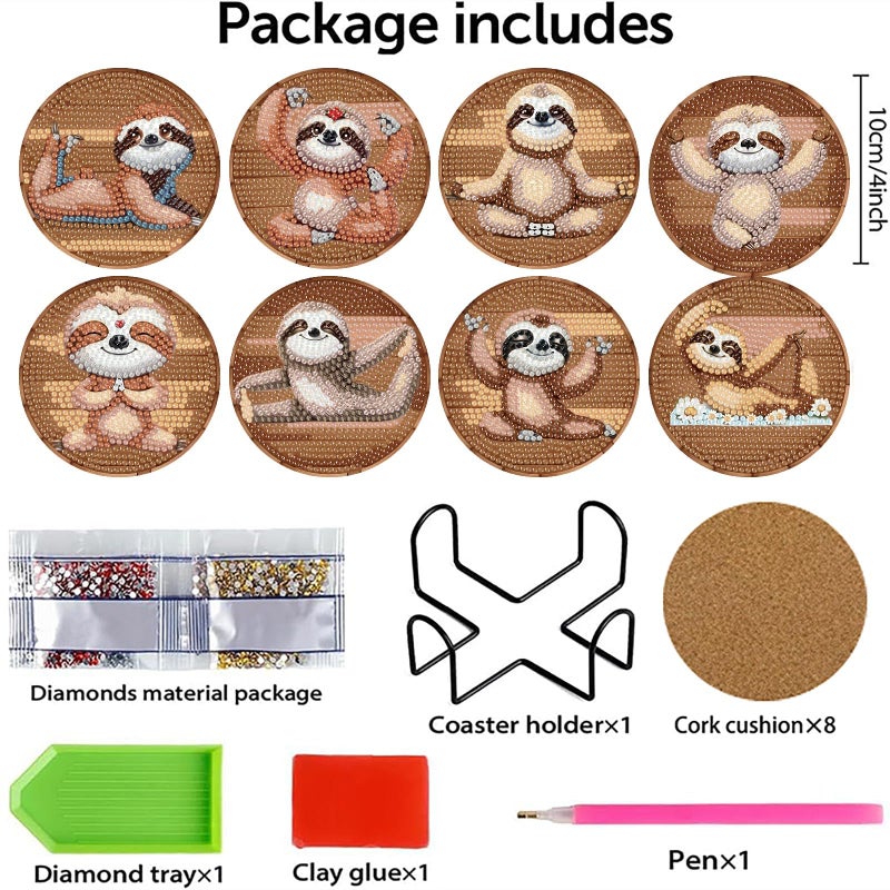 cupmod Sloth Diamond Painting Kits Coaster with Holder,8 Pieces Sloth Diamond Art Coasters with Holder, DIY Animal Diamond Coasters for Beginners - Image 2
