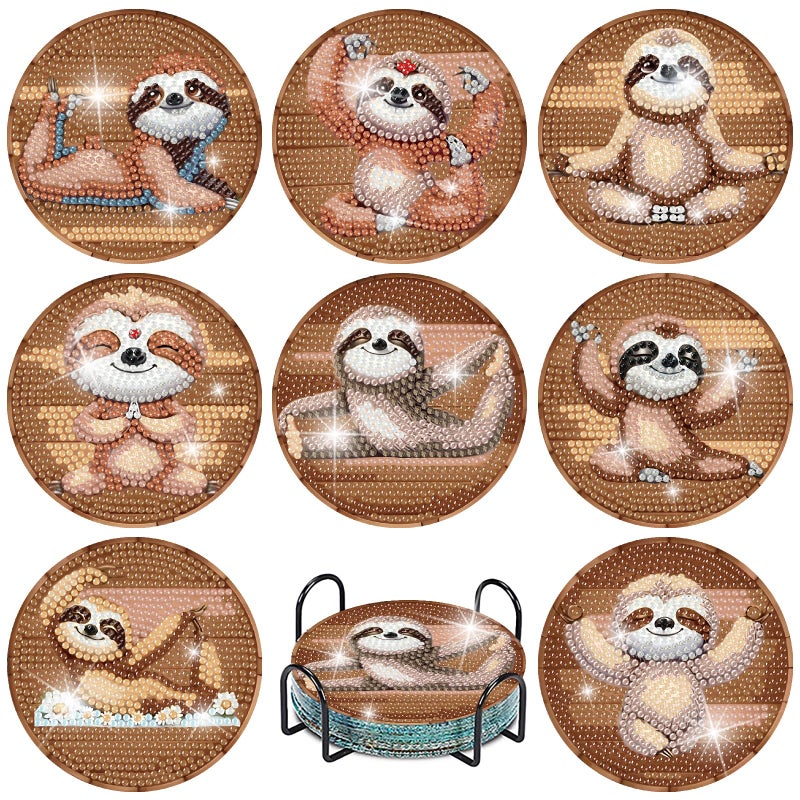 cupmod Sloth Diamond Painting Kits Coaster with Holder,8 Pieces Sloth Diamond Art Coasters with Holder, DIY Animal Diamond Coasters for Beginners - Image 1