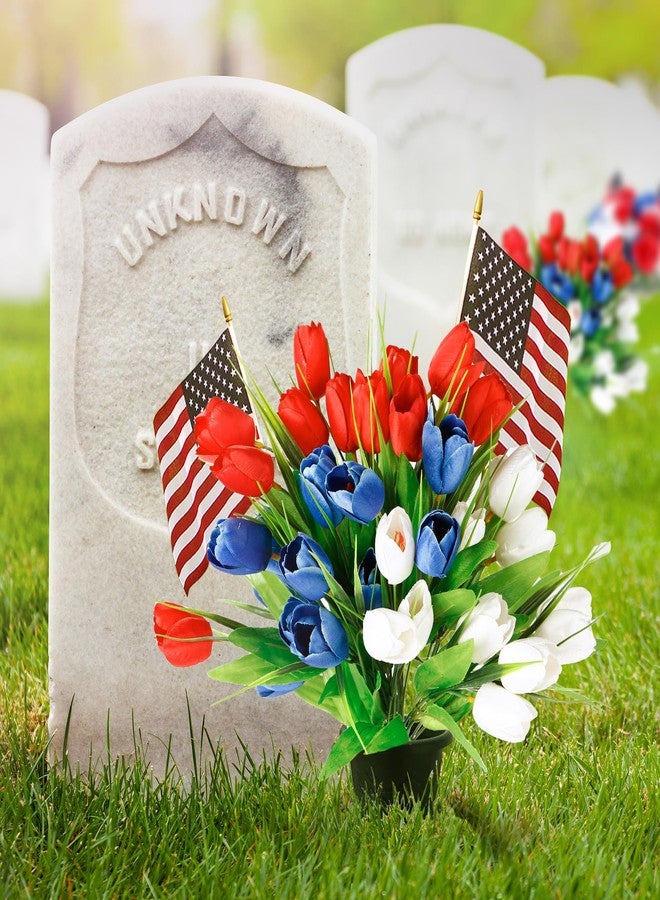 Sggvecsy 36 Pcs Patriotic Artificial Flowers Memorial Tulips Bouquet Fake Red White and Blue Cemetery Tulips Flowers for Grave 4th of July Memorial Day Independence Day Veterans Home Decoration - Image 5