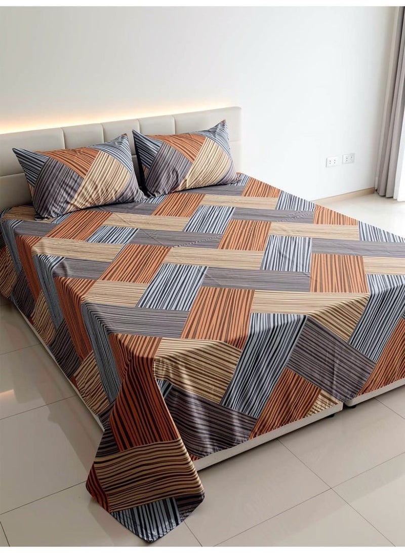 RISHAHOME King size Cotton Blend Flat Bedsheet Set 144 Thread Count Geometric Striped Design 220x240 cm - Image 1