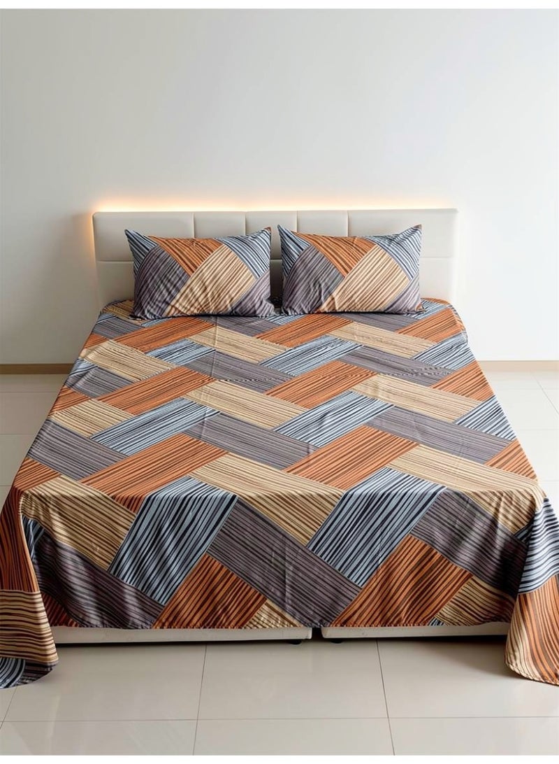 RISHAHOME King size Cotton Blend Flat Bedsheet Set 144 Thread Count Geometric Striped Design 220x240 cm - Image 3