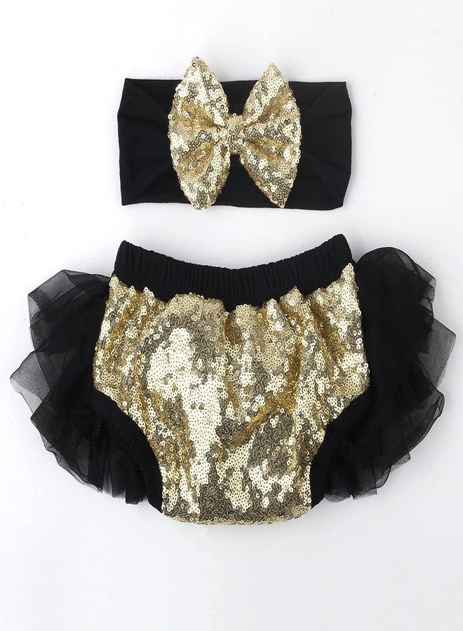 HIBA Baby Girl Diaper Cover Panty with Golden Sequin Bow and Hairband Black Color12 to 18 Months - Image 2