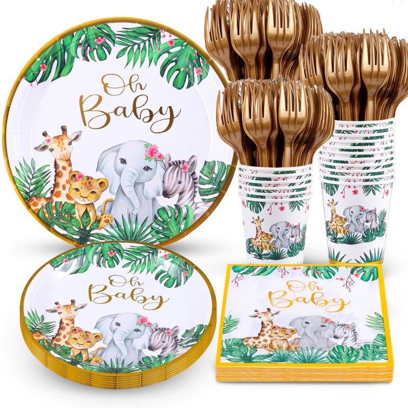Atonofun Safari Party Supplies Baby Shower Plates and Napkins Set Jungle Oh Baby Paper Plates Cups Napkins and Cutlery for Safari Birthday Decorations Baby Shower Jungle Themed Parties Serves 24