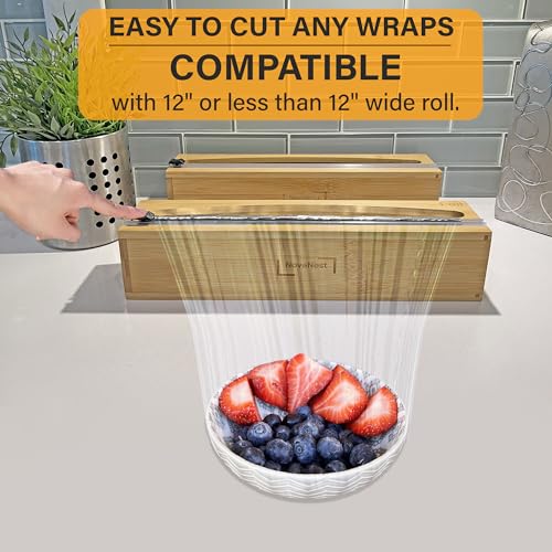 NovaNest Wrap Organizer Dispenser with Cutter, (2 Piece Set), Fits 12" Rolls, Plastic Wrap, Aluminum Foil, Wax Paper, Saran Wrap, Cling Wrap Holder for Kitchen Storage, Mountable, Bamboo - Image 3