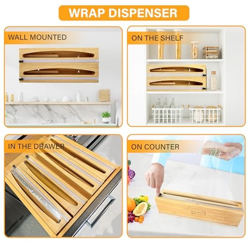 NovaNest Wrap Organizer Dispenser with Cutter, (2 Piece Set), Fits 12" Rolls, Plastic Wrap, Aluminum Foil, Wax Paper, Saran Wrap, Cling Wrap Holder for Kitchen Storage, Mountable, Bamboo - Image 5