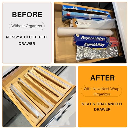 NovaNest Wrap Organizer Dispenser with Cutter, (2 Piece Set), Fits 12" Rolls, Plastic Wrap, Aluminum Foil, Wax Paper, Saran Wrap, Cling Wrap Holder for Kitchen Storage, Mountable, Bamboo - Image 4