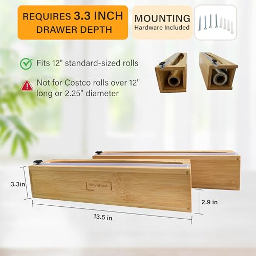 NovaNest Wrap Organizer Dispenser with Cutter, (2 Piece Set), Fits 12" Rolls, Plastic Wrap, Aluminum Foil, Wax Paper, Saran Wrap, Cling Wrap Holder for Kitchen Storage, Mountable, Bamboo - Image 2
