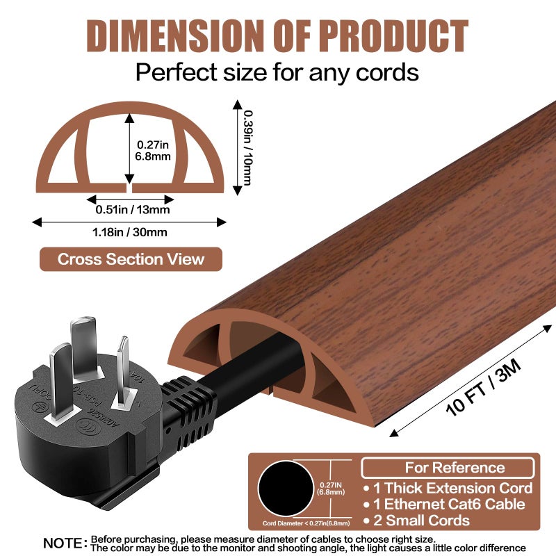 DBHXXMB-HH Floor Cord Cover Self Adhesive Cord Hider,10FT Cable Management, Extension Strip Protector for Wires, Prevent Cable Trips for Offices, Gyms, Exhibitions Cavity:0.39"(W) x 0.27"(H) Wood Red Teak - Image 2