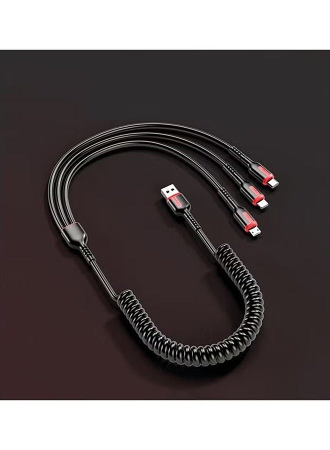 واي جيه 66W 3 بوصة كابل شاحن سريع متعدد الوظائف، كابل بيانات زنبرك قابل للسحب، محول سلك كابل مزود بمنفذ برق/من النوع C/(أسود) - Image 1