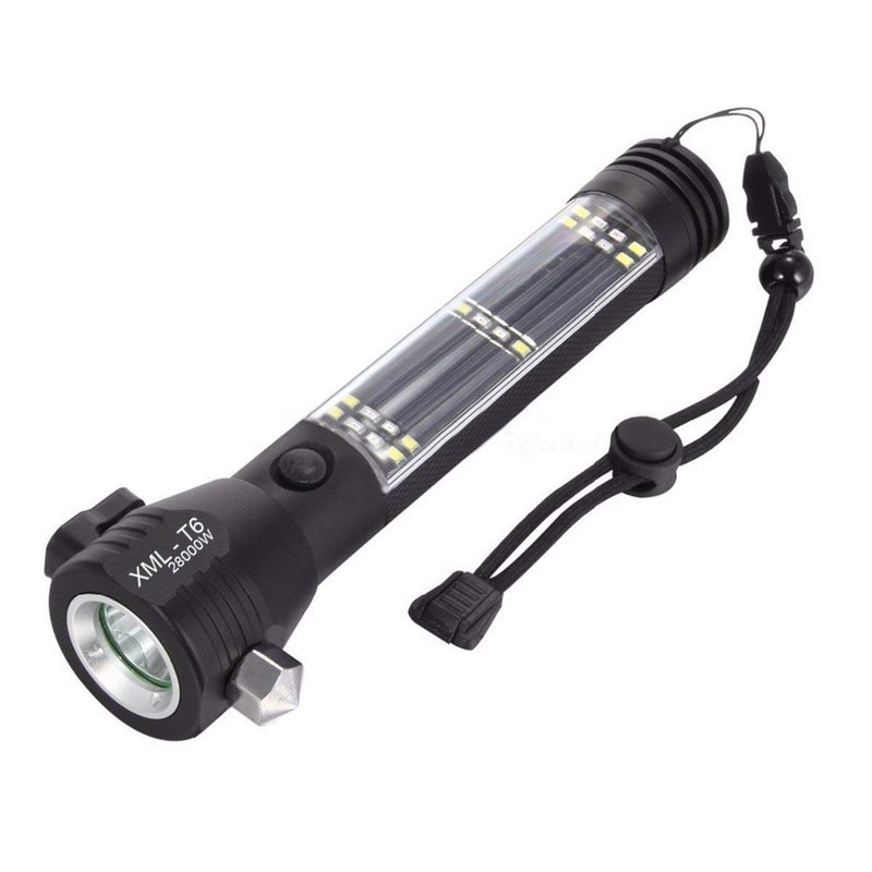 Tusig Tusig Aluminium 7 Mode Solar LED Torch Flashlight Car Emergency Tool with Window Breaker Magnet Cutter Compass for Travel Camping Hiking Security Black - Image 1