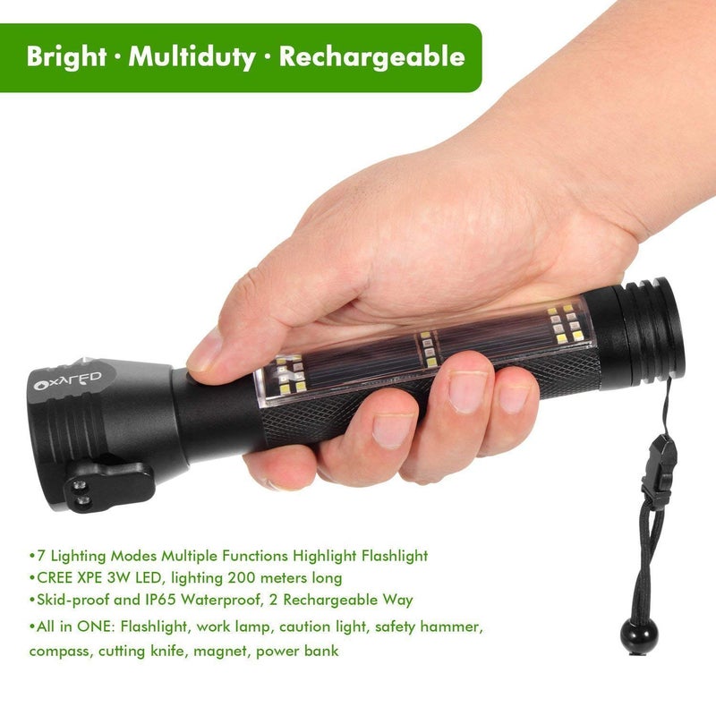 Tusig Tusig Aluminium 7 Mode Solar LED Torch Flashlight Car Emergency Tool with Window Breaker Magnet Cutter Compass for Travel Camping Hiking Security Black - Image 3