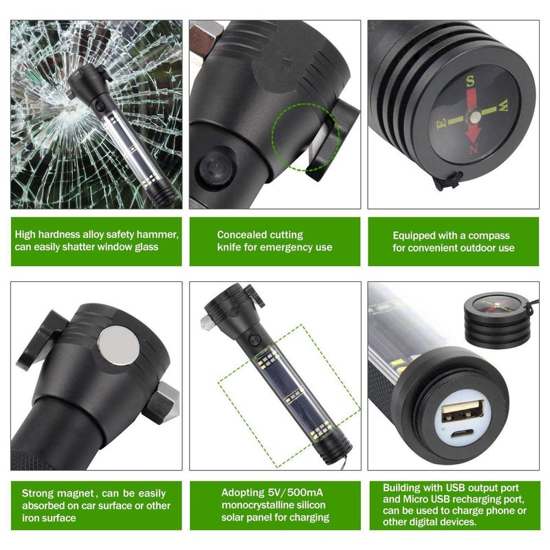 Tusig Tusig Aluminium 7 Mode Solar LED Torch Flashlight Car Emergency Tool with Window Breaker Magnet Cutter Compass for Travel Camping Hiking Security Black - Image 4