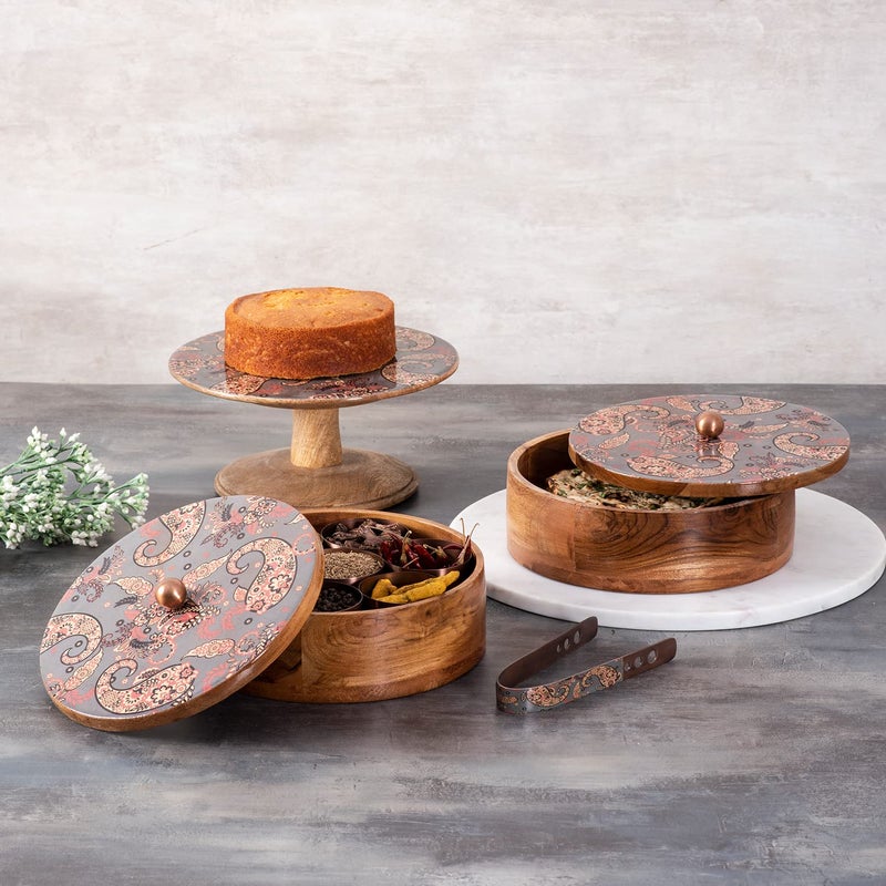 nestroots nestroots Masala Box Chapati Box for Kitchen with Cake Stand for Party| Wooden Spice jar with Casserole roti Box and Cake Stand Combo (Semi Grey Printed)  - Image 1
