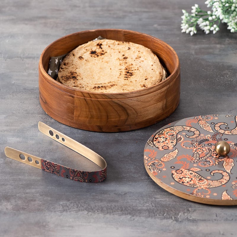 nestroots nestroots Masala Box Chapati Box for Kitchen with Cake Stand for Party| Wooden Spice jar with Casserole roti Box and Cake Stand Combo (Semi Grey Printed)  - Image 5