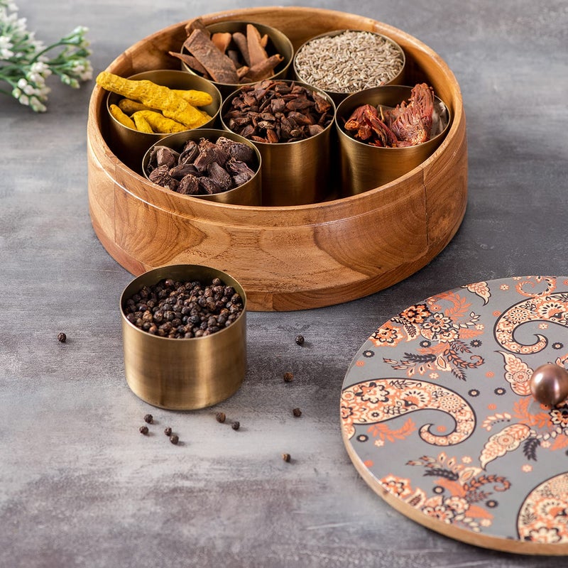 nestroots nestroots Masala Box Chapati Box for Kitchen with Cake Stand for Party| Wooden Spice jar with Casserole roti Box and Cake Stand Combo (Semi Grey Printed)  - Image 3