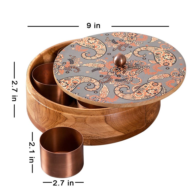nestroots nestroots Masala Box Chapati Box for Kitchen with Cake Stand for Party| Wooden Spice jar with Casserole roti Box and Cake Stand Combo (Semi Grey Printed)  - Image 4