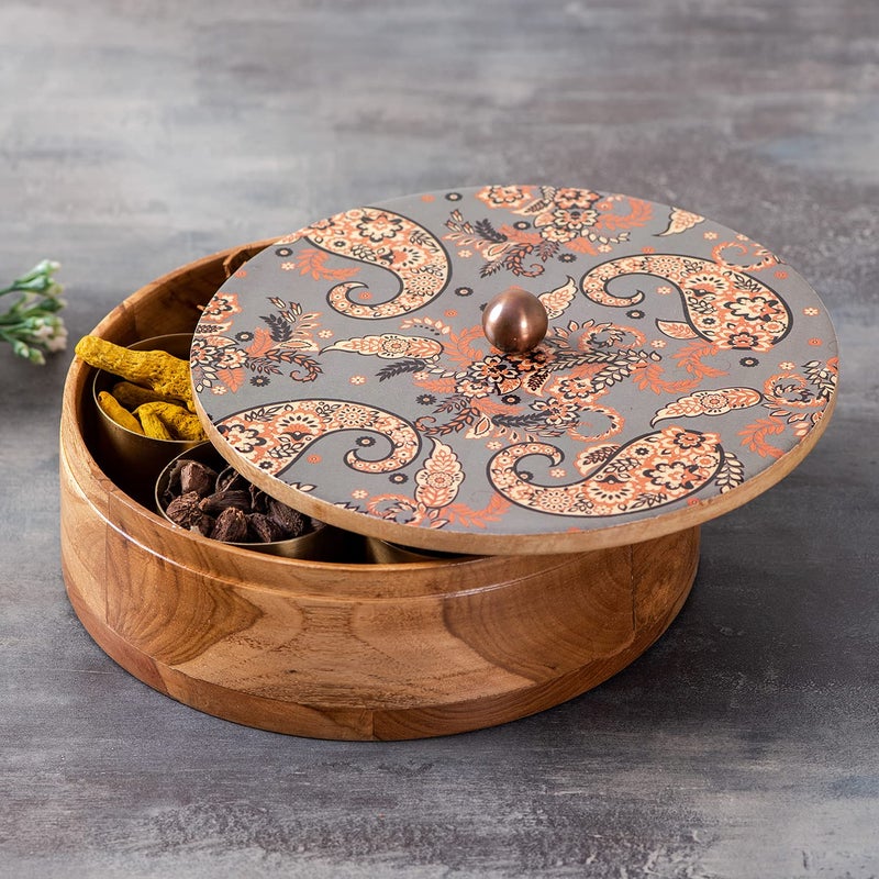 nestroots nestroots Masala Box Chapati Box for Kitchen with Cake Stand for Party| Wooden Spice jar with Casserole roti Box and Cake Stand Combo (Semi Grey Printed)  - Image 2