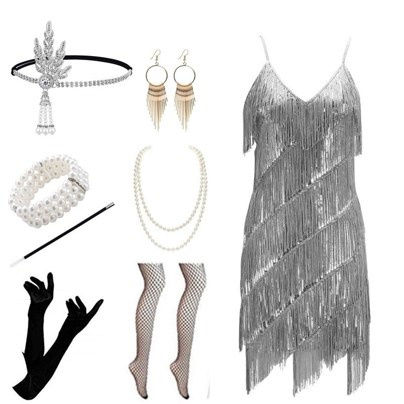 1920 V Neck Sleeveless Retro Beaded Sequin Dress Banquet Tassel Dress - Image 4