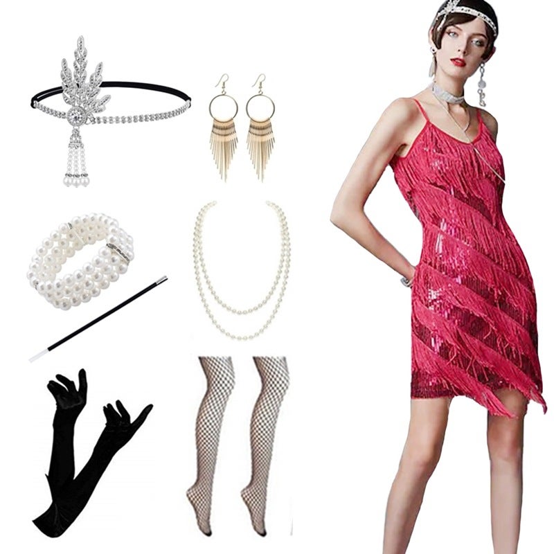 1920 V Neck Sleeveless Retro Beaded Sequin Dress Banquet Tassel Dress - Image 1