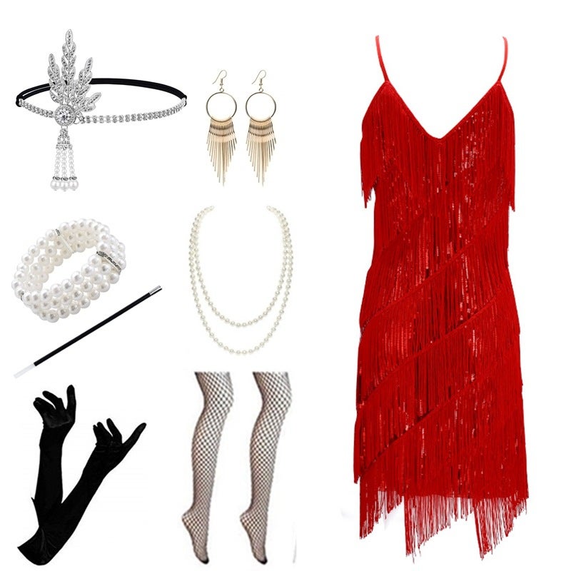 1920 V Neck Sleeveless Retro Beaded Sequin Dress Banquet Tassel Dress - Image 3