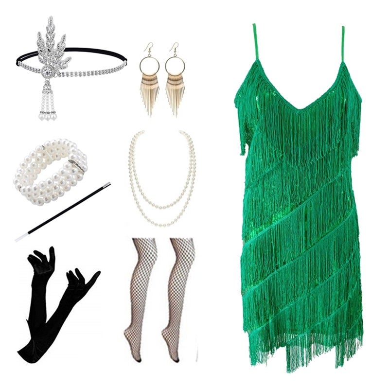 1920 V Neck Sleeveless Retro Beaded Sequin Dress Banquet Tassel Dress - Image 2
