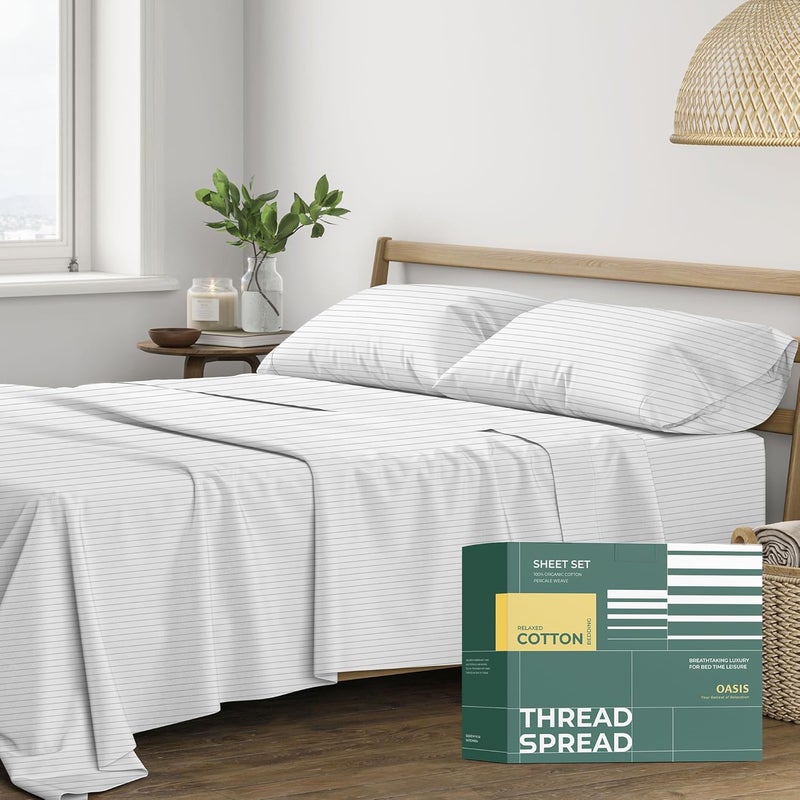 THREAD SPREAD 100% Organic Cotton Printed Sheets Queen Size - 4 PC Organic Cotton Percale Sheets Queen Set (Pinstripe - Light Grey), Cooling & Breathable Sheet, 16" Deep Pocket - GOTS Certified - Image 1