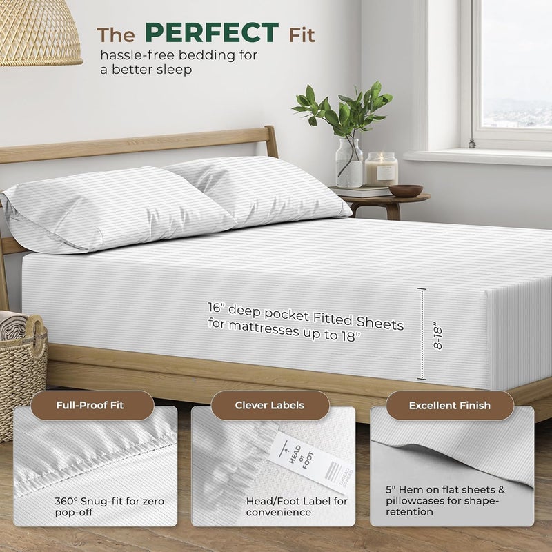 THREAD SPREAD 100% Organic Cotton Printed Sheets Queen Size - 4 PC Organic Cotton Percale Sheets Queen Set (Pinstripe - Light Grey), Cooling & Breathable Sheet, 16" Deep Pocket - GOTS Certified - Image 4