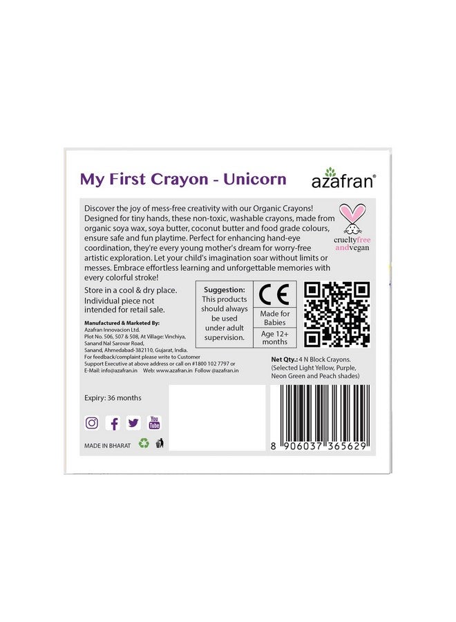 Azafran My First Crayon - Unicorn 4 Jumbo Block Colours, Colors Set for Kids, Baby and Infant Safe, Hypoallergenic, Non-Toxic, Washable, Plant-Based Crayons Colour Set, Ideal Toys for 1 Year Old - Image 2