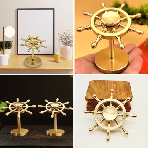 XQIGI Brass Spinner Ship Wheel Kinetic Desk Toy Spin with Stand High Speed Bearing Metal Hand Spinners Anxiety Finger Tabletop Toys Gyro Small - Image 5