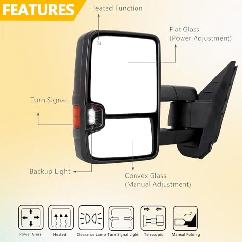 Perfit Zone Towing Mirrors Compatible for 2007-2014 Chevy Silverado GMC Sierra 1500 2500 HD 3500 HD(2007 New Body Style ONLY) Tahoe Yukon Power Heated Amber Turn Signal Light Manual Folding Pair - Image 3