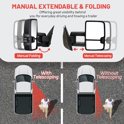 Perfit Zone Towing Mirrors Compatible for 2007-2014 Chevy Silverado GMC Sierra 1500 2500 HD 3500 HD(2007 New Body Style ONLY) Tahoe Yukon Power Heated Amber Turn Signal Light Manual Folding Pair - Image 4