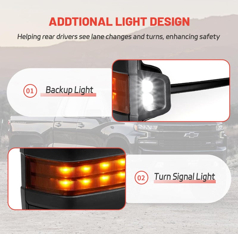 Perfit Zone Towing Mirrors Compatible for 2007-2014 Chevy Silverado GMC Sierra 1500 2500 HD 3500 HD(2007 New Body Style ONLY) Tahoe Yukon Power Heated Amber Turn Signal Light Manual Folding Pair - Image 5