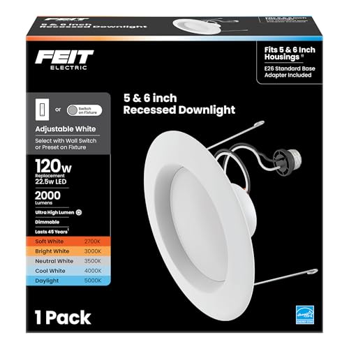 Feit Electric LED Recessed Downlight, 120W Equivalent, 5/6 Inch Retrofit Kit, Dimmable, 2000 Lumens, 90+ CRI, 22W, Adjustable Color Temperature, High Ceilings & Large Spaces Downlight, LEDR56XHO/6WYCA - Image 1
