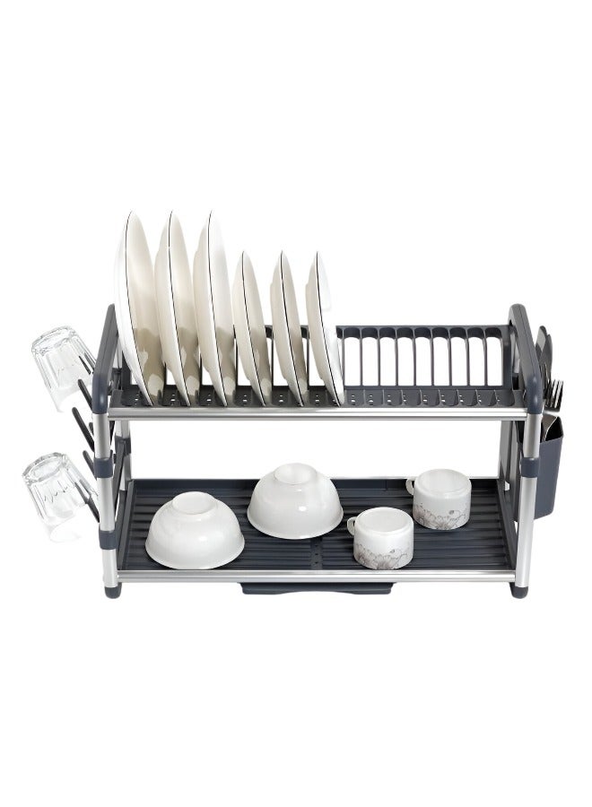 وايندسيرا رف أطباق من الفولاذ المقاوم للصدأ ذو طبقتين - تصميم واسع، صينية تنقيط قابلة للإزالة، حامل أكواب، منظم لأدوات المائدة، وتخزين أدوات المائدة لأسطح المطبخ، رمادي (48 سم) - Image 1