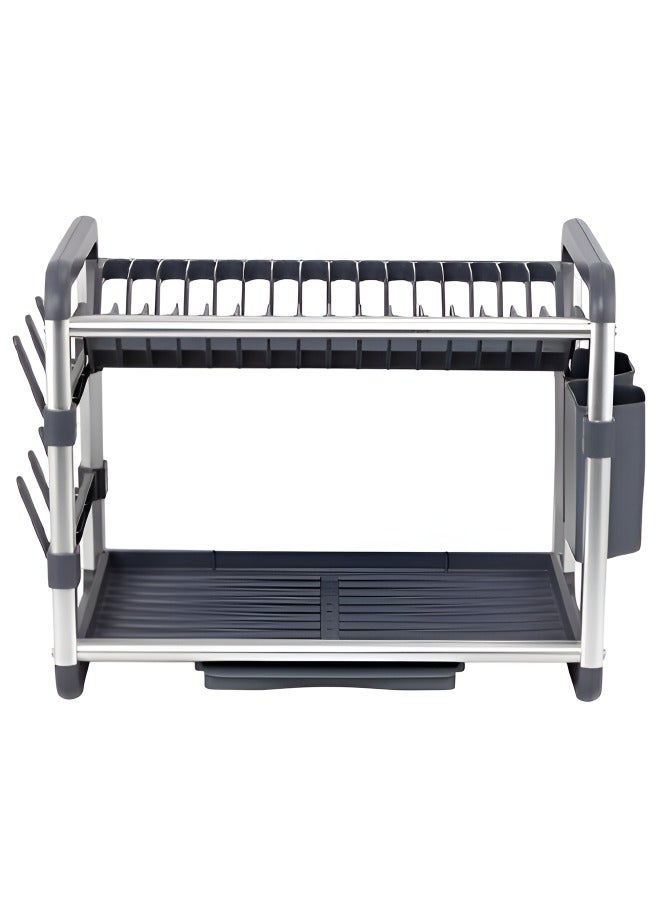 وايندسيرا رف أطباق من الفولاذ المقاوم للصدأ ذو طبقتين - تصميم واسع، صينية تنقيط قابلة للإزالة، حامل أكواب، منظم لأدوات المائدة، وتخزين أدوات المائدة لأسطح المطبخ، رمادي (48 سم) - Image 3