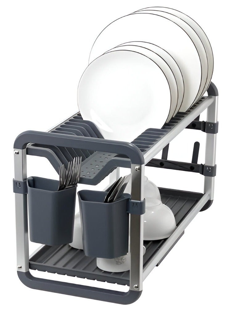 وايندسيرا رف أطباق من الفولاذ المقاوم للصدأ ذو طبقتين - تصميم واسع، صينية تنقيط قابلة للإزالة، حامل أكواب، منظم لأدوات المائدة، وتخزين أدوات المائدة لأسطح المطبخ، رمادي (48 سم) - Image 2