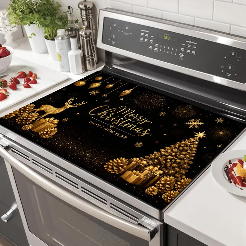 HOMETITUTE Christmas Stove Top Cover 28x20 Inch Glass Top Protector Silicone Cooktop Mat Heat Resistant Stovetop Cover Golden Deer Tree Holiday Kitchen Decoration - Image 2