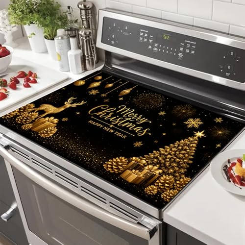 HOMETITUTE Christmas Stove Top Cover 28x20 Inch Glass Top Protector Silicone Cooktop Mat Heat Resistant Stovetop Cover Golden Deer Tree Holiday Kitchen Decoration - Image 1