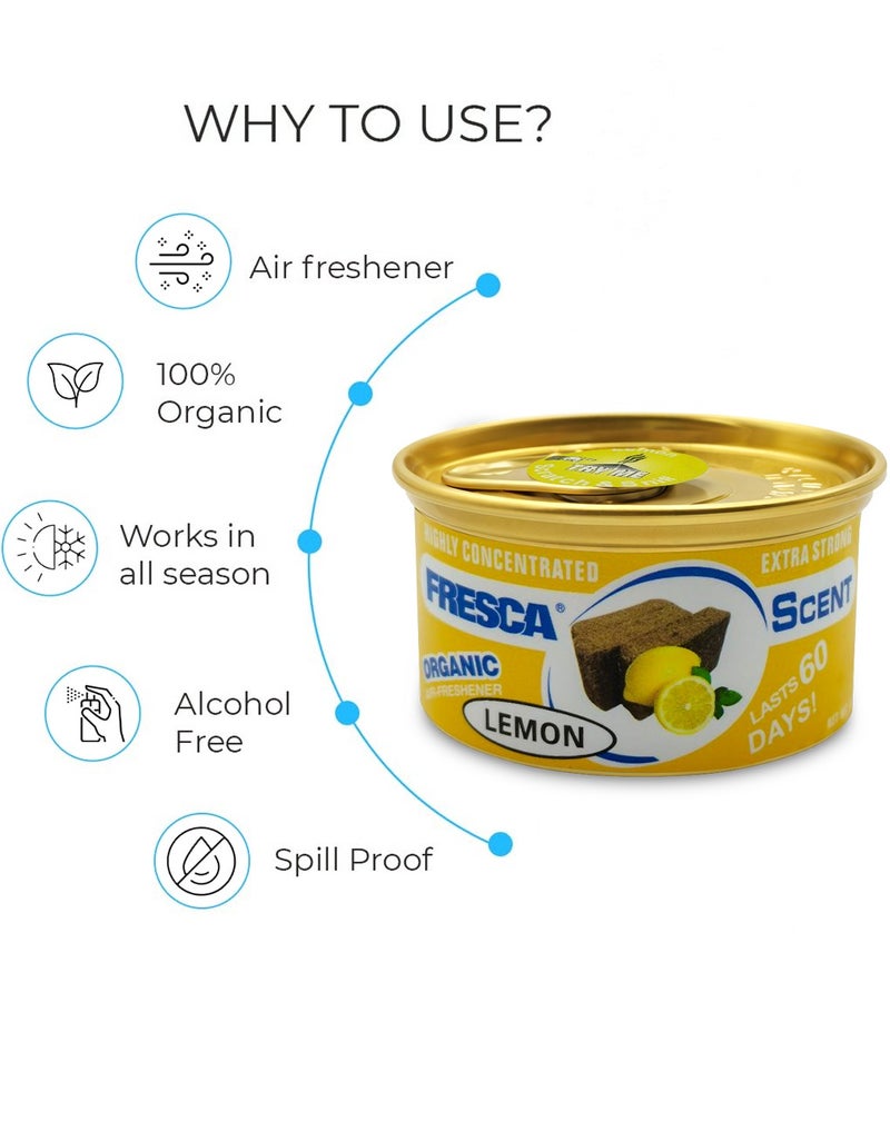 FRESCA Lemon Organic Air Freshener Can Long Lasting Odor Eliminator Gel Air Freshener for Car Home Office Bathroom Bedroom Closet Dashboard Cup Holder Natural Fresh Scent Spill Proof Air Care Fragrance Can 42g Model AS-560-LM - Image 2